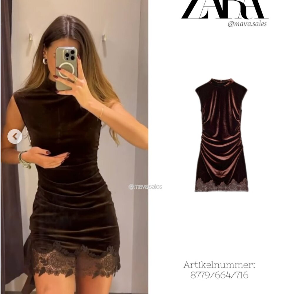 ZARA ZW FW25 VELVET LACE DRESS DARK BROWN 8779/664/716 MEDIUM M VIRAL LUXURY